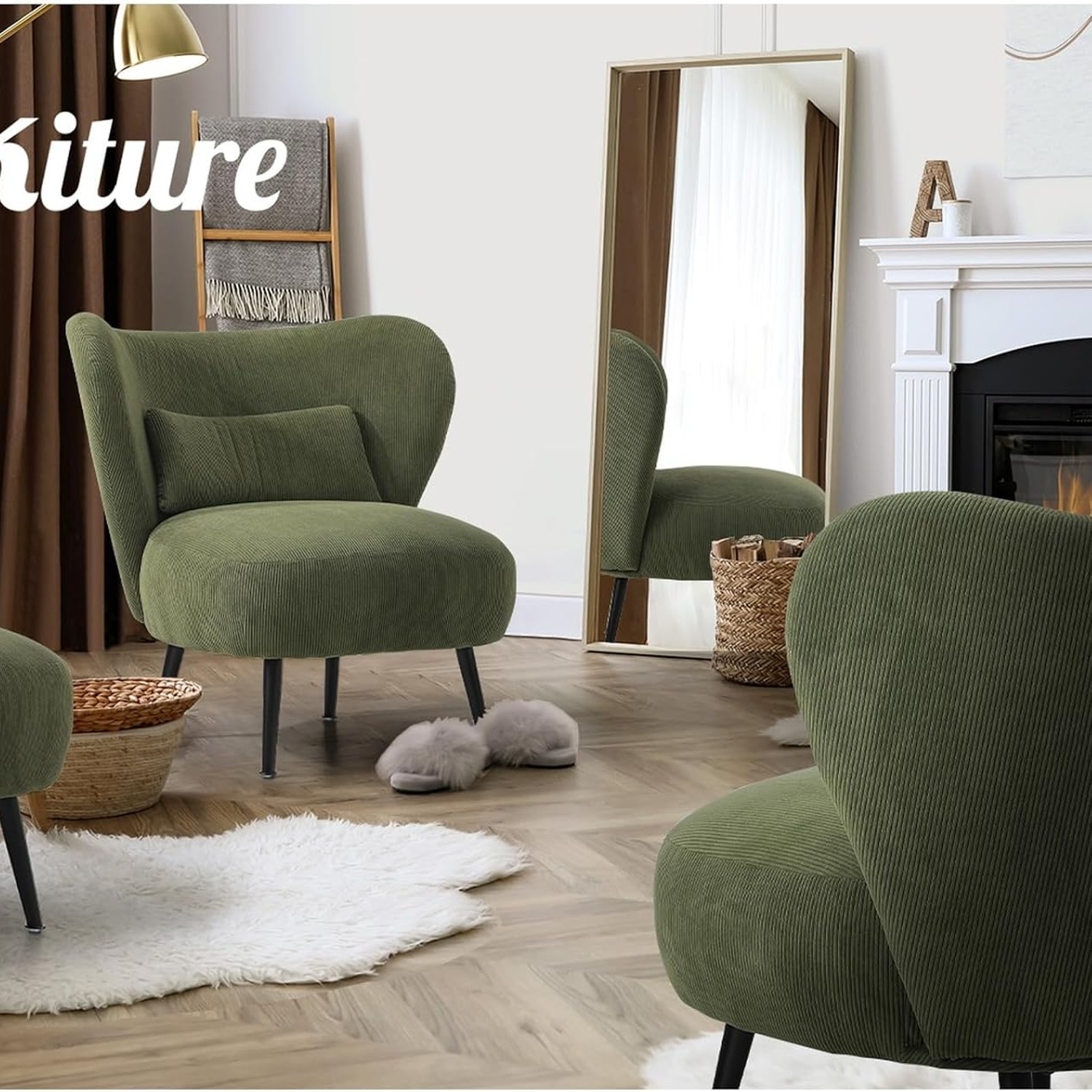 OIKITURE Green Velvet Wingback Armchair