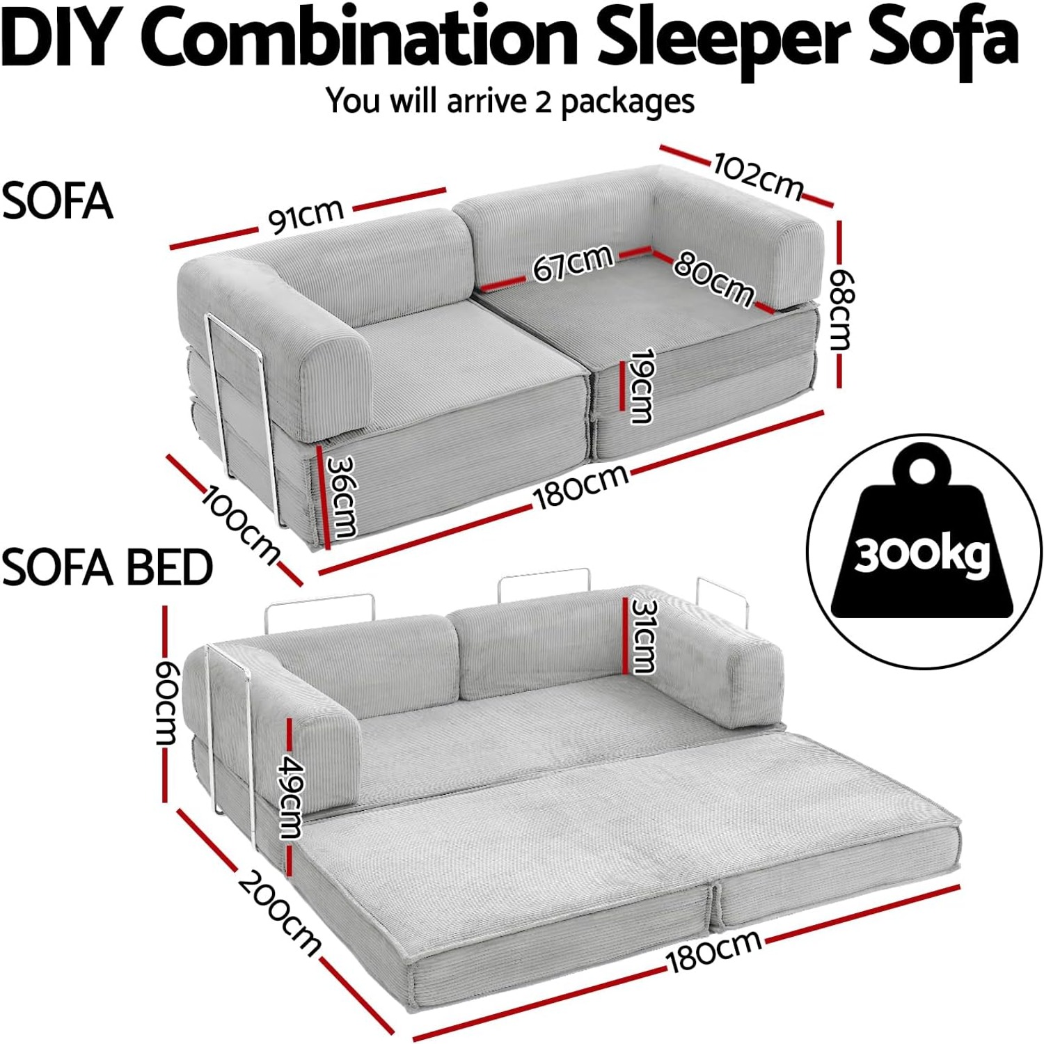 Artiss Folding Floor Sofa Bed, 2 Seater Corduroy Convertible Lounge in Grey