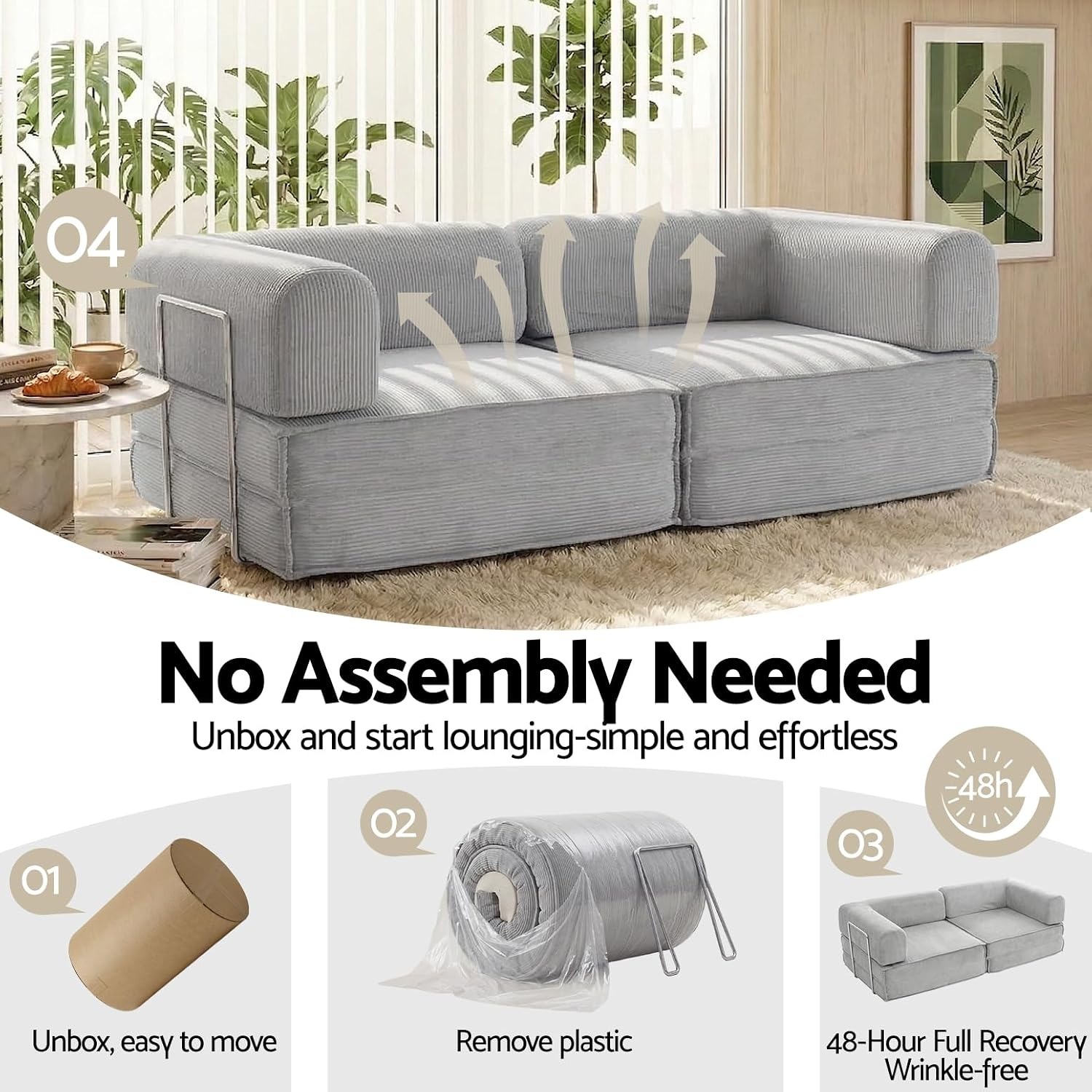 Artiss Folding Floor Sofa Bed, 2 Seater Corduroy Convertible Lounge in Grey