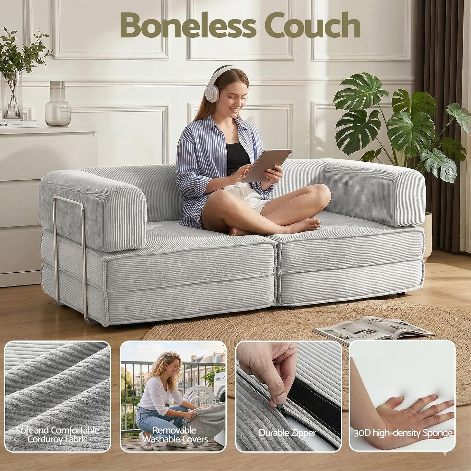 Artiss Folding Floor Sofa Bed, 2 Seater Corduroy Convertible Lounge in Grey