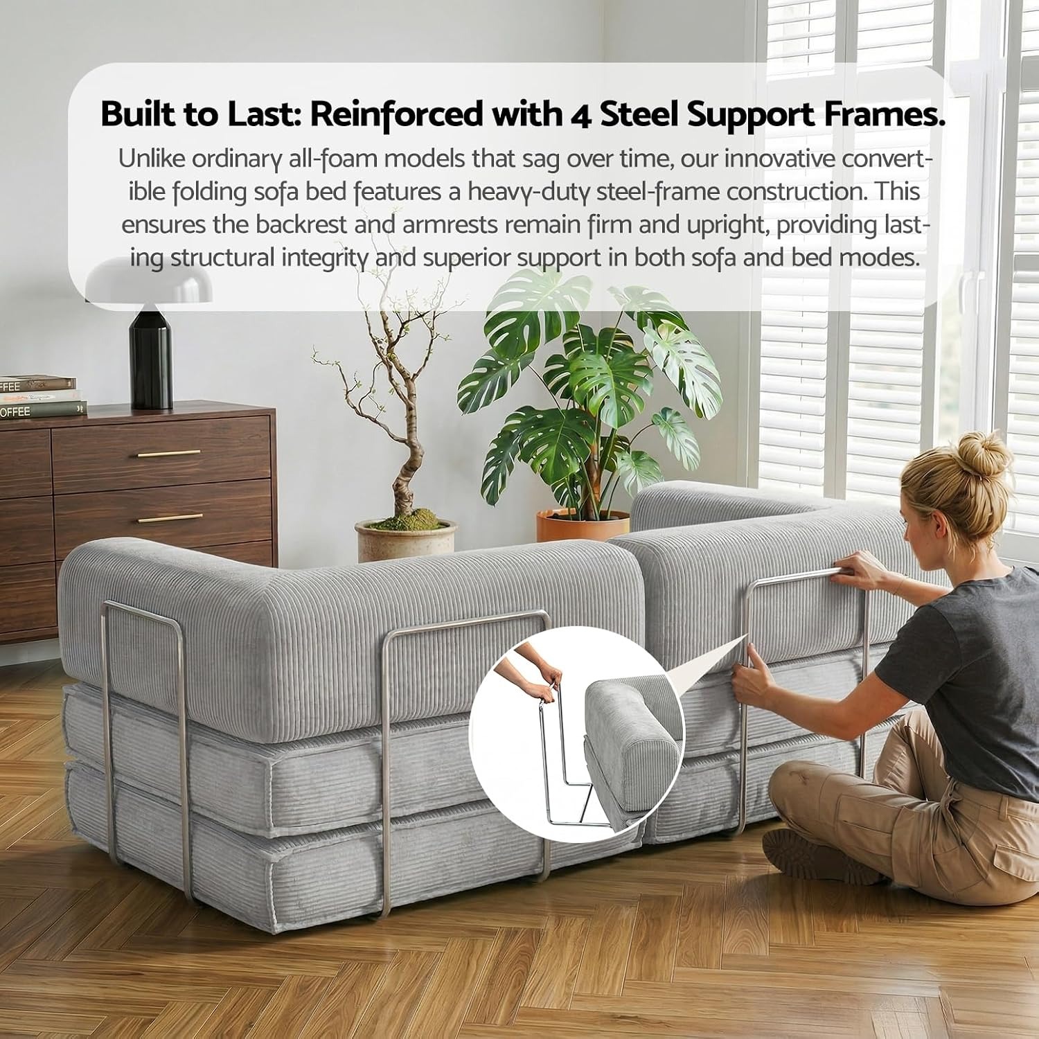 Artiss Folding Floor Sofa Bed, 2 Seater Corduroy Convertible Lounge in Grey