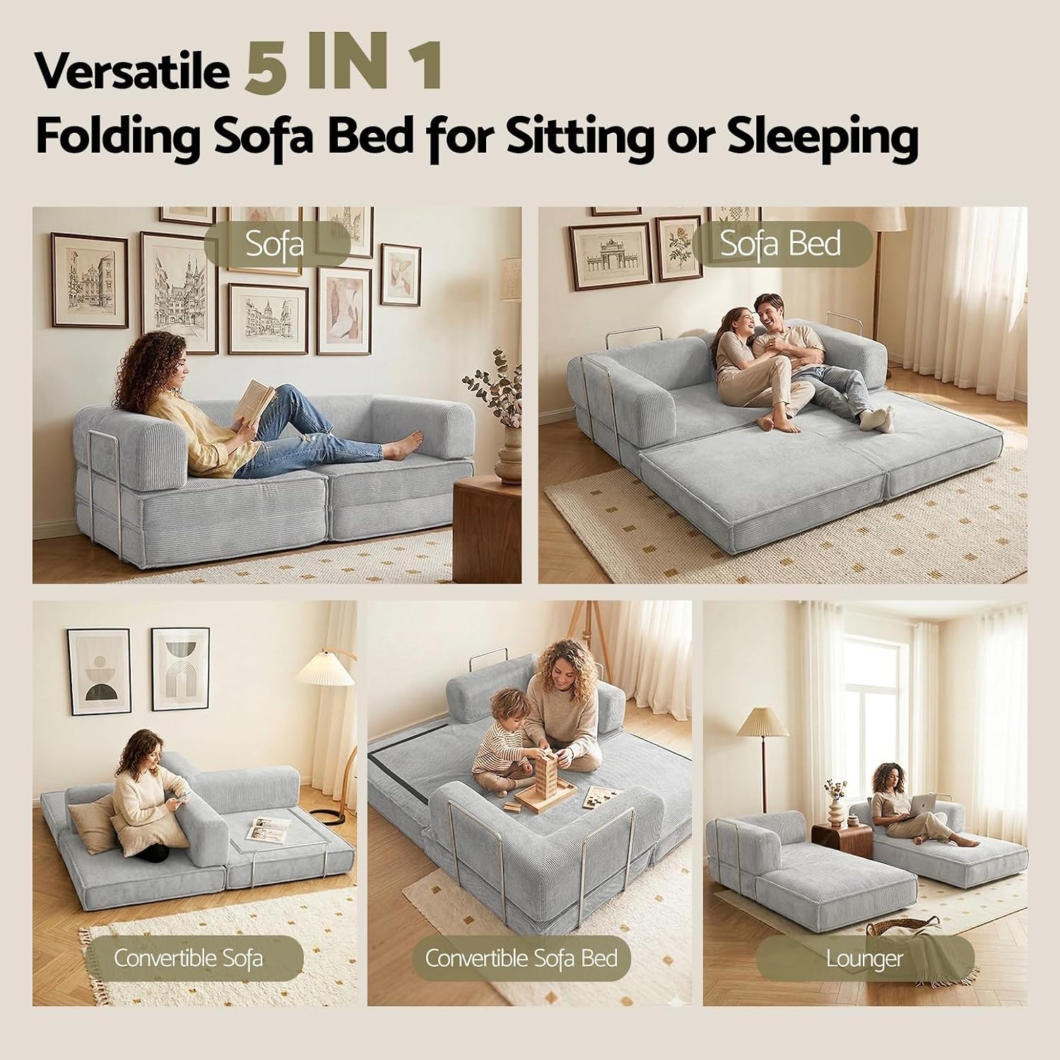 Artiss Folding Floor Sofa Bed, 2 Seater Corduroy Convertible Lounge in Grey: image 7