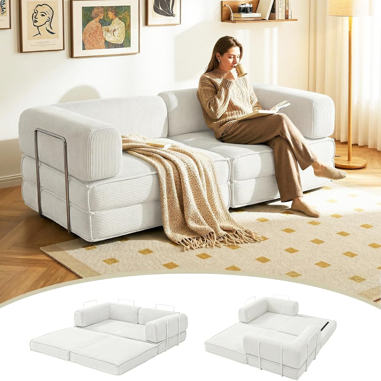 Artiss Folding Floor Sofa Bed, 2 Seater Corduroy Convertible Lounge in Grey: image 10