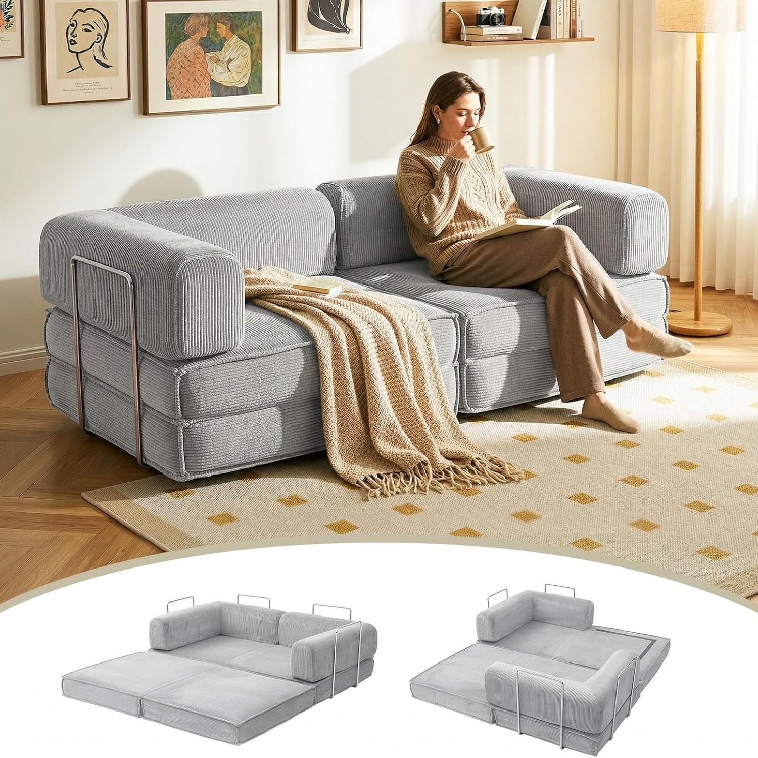 Artiss Folding Floor Sofa Bed, 2 Seater Corduroy Convertible Lounge in Grey