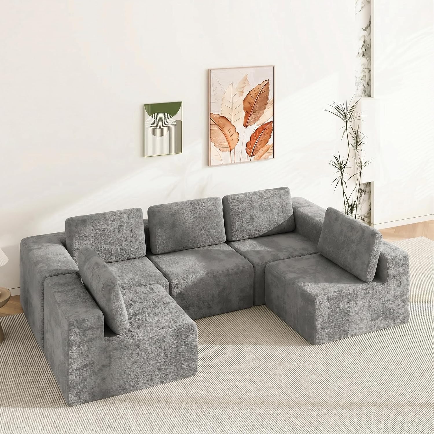 U Shaped Sectional Lounge 5 Seater Modular Chenille Sofa