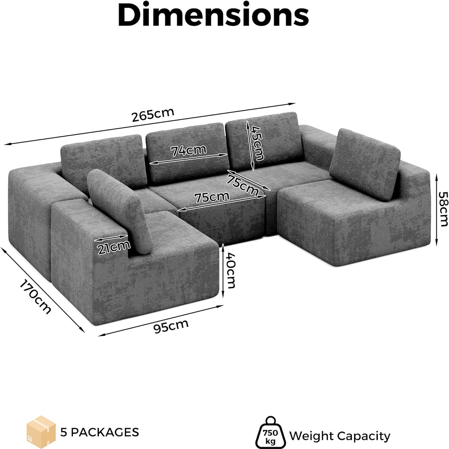U Shaped Sectional Lounge 5 Seater Modular Chenille Sofa